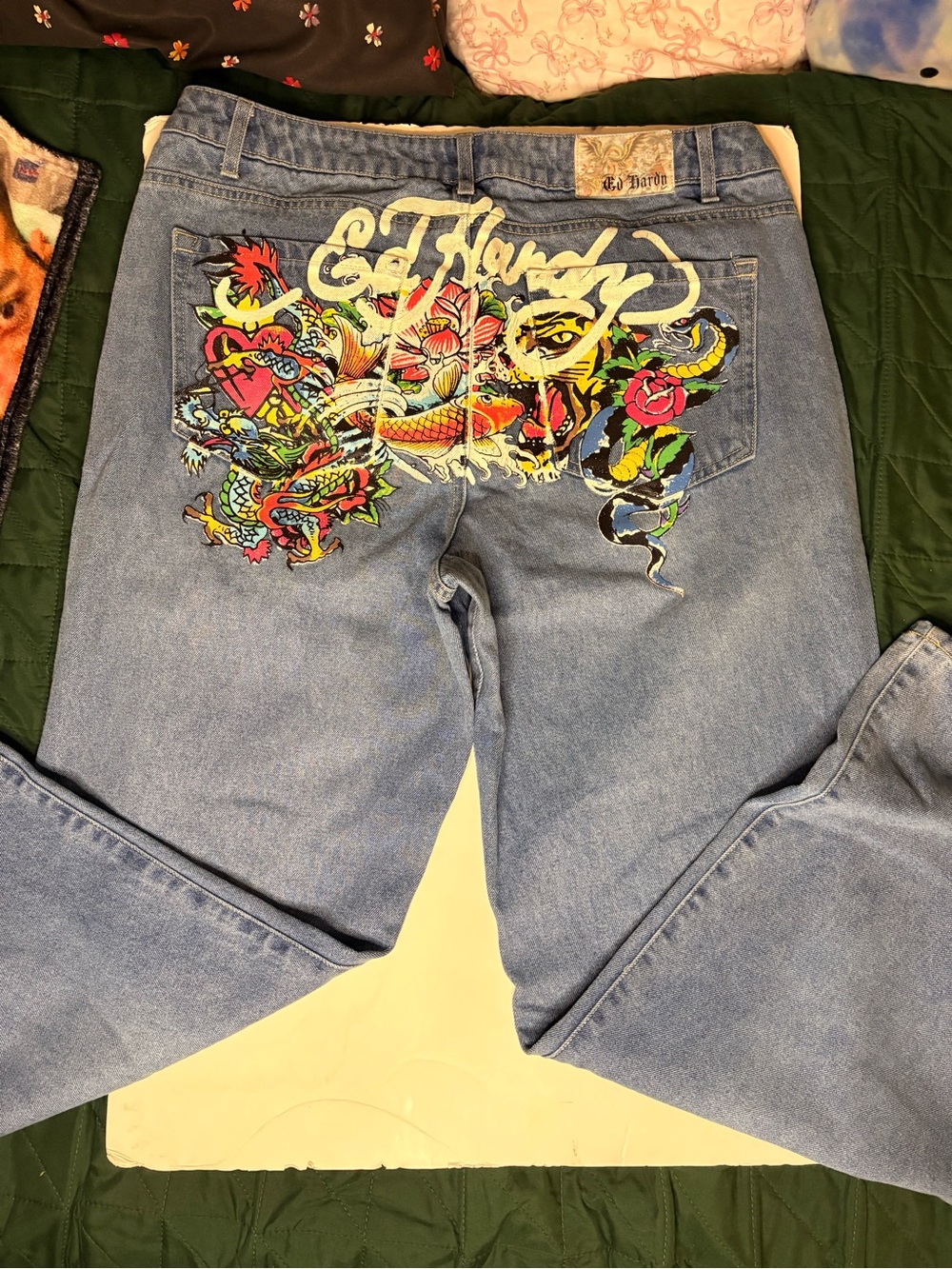 Ed Hardy Light Blue Jeans with Multicolor Dragon & Tiger Back Embroidery